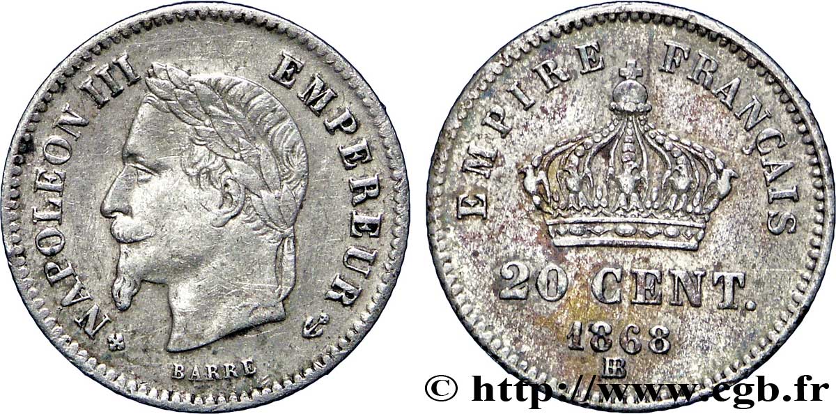 20 centimes Napoléon III, tête laurée, grand module 1868 Strasbourg F.150/5 SS42 