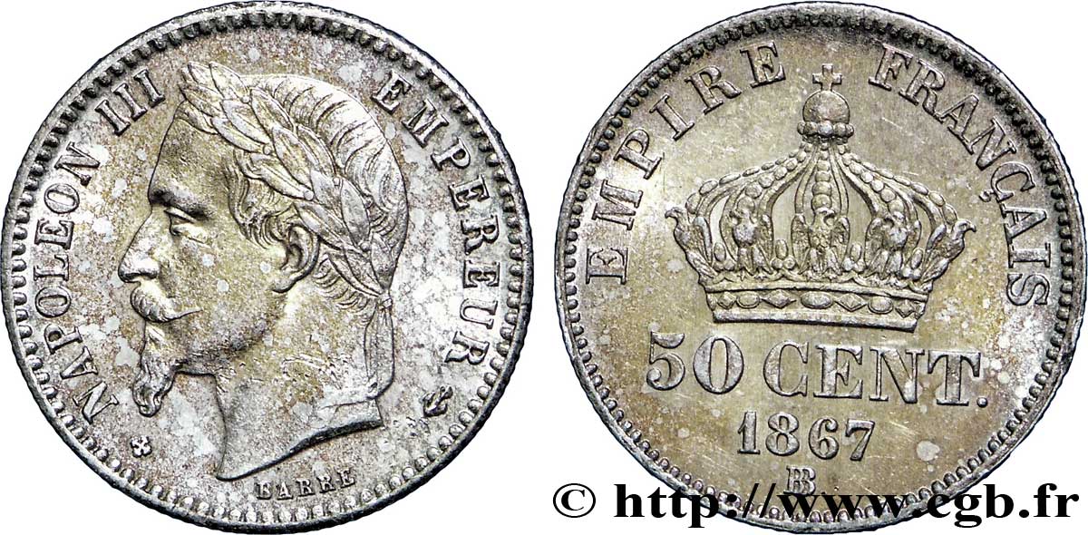 50 centimes Napoléon III, tête laurée 1867 Strasbourg F.188/16 SUP60 