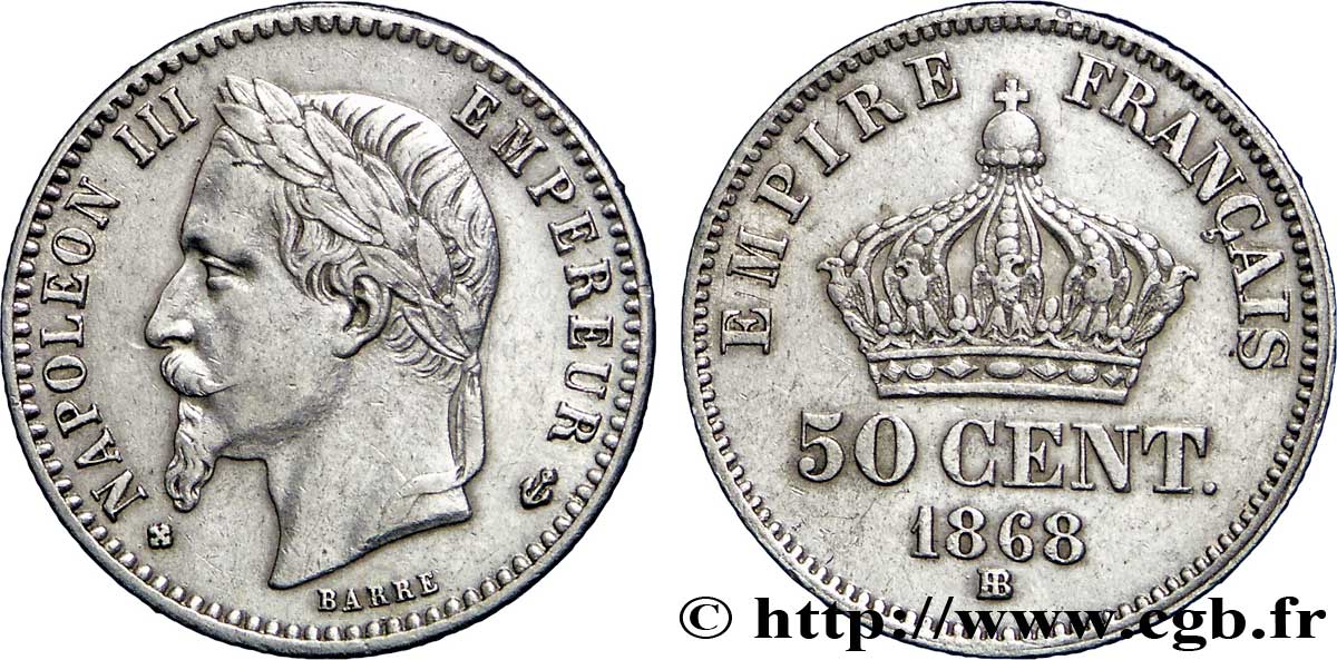 50 centimes Napoléon III, tête laurée 1868 Strasbourg F.188/21 TTB48 