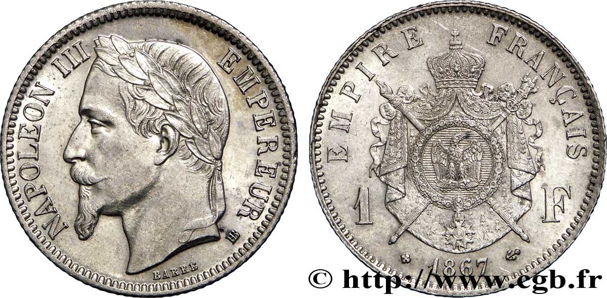 1 franc Napoléon III, tête laurée 1867 Strasbourg F.215/7 SUP60 