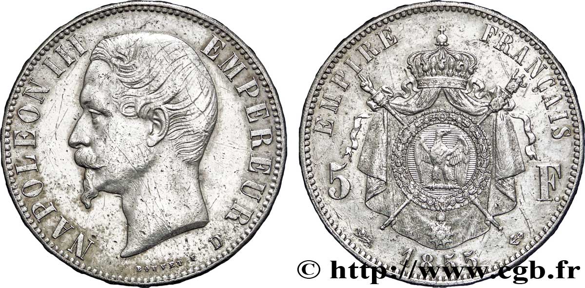 5 francs Napoléon III, tête nue 1855 Lyon F.330/5 AU 