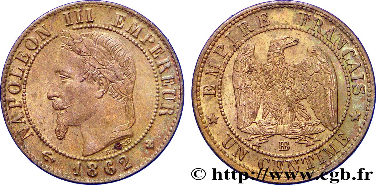 Un centime Napoléon III, tête laurée 1862 Strasbourg F.103/5 SUP59 