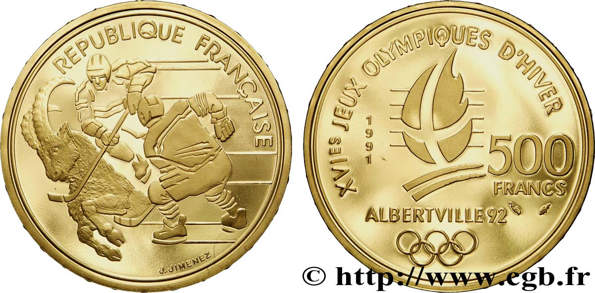 Belle Épreuve Or 500 francs - Hockey sur glace / Bouquetin 1991 Paris F./ FDC70 
