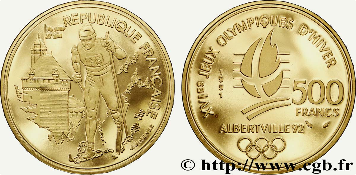 Belle Épreuve Or 500 francs - Albertville, ski de fond/Château des ducs de Savoie (Chambéry) 1991 Paris F./ FDC70 