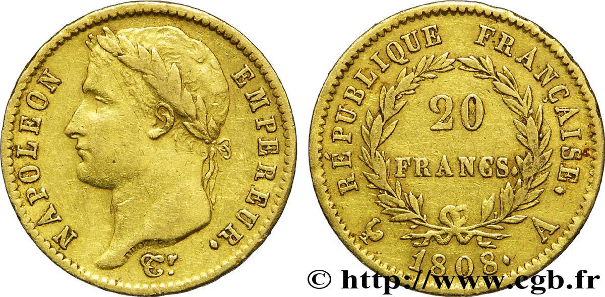 20 francs or Napoléon tête laurée, République française 1808 Paris F.515/2 TTB48 
