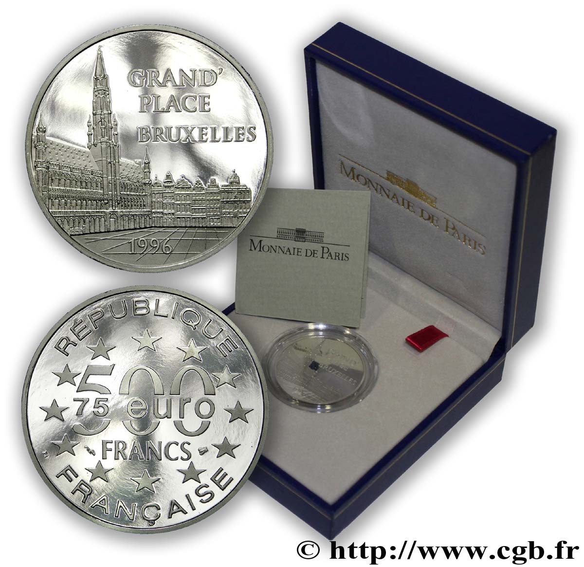 Belle Épreuve Platine 75 écus / 500 francs - La Grand’Place (Bruxelles, Belgique) 1996  F.2115 1 FDC70 