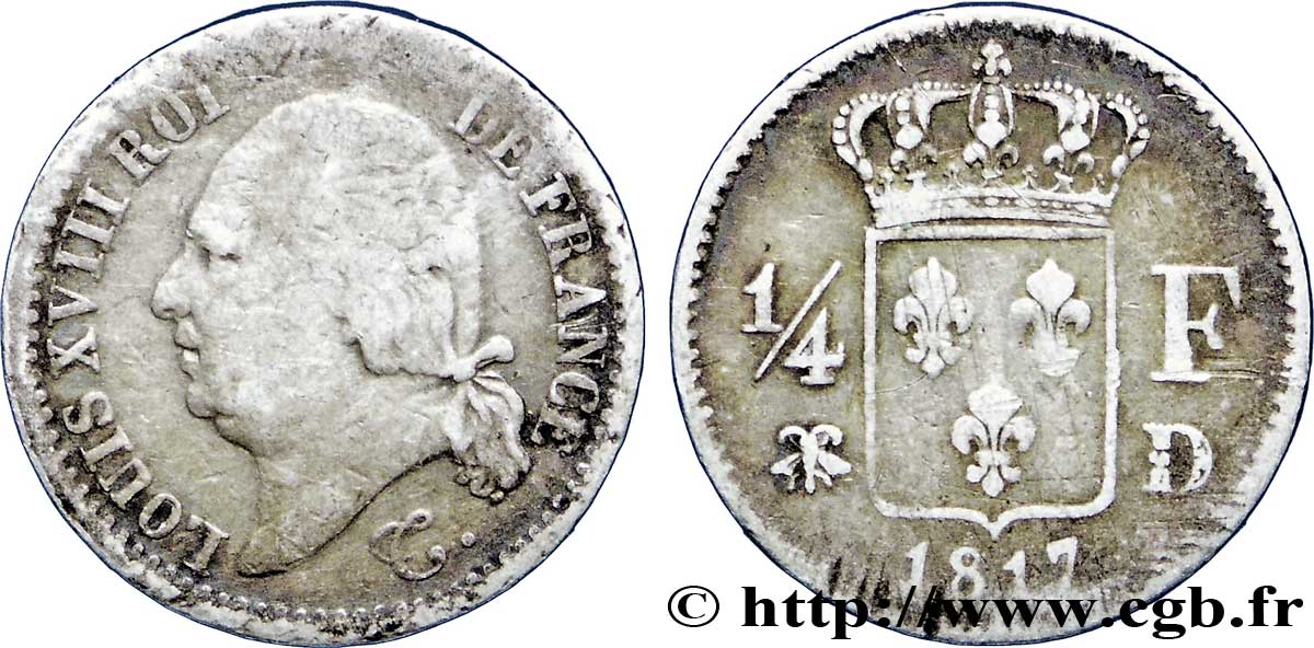 1/4 franc Louis XVIII  1817 Lyon F.163/4 VF20 