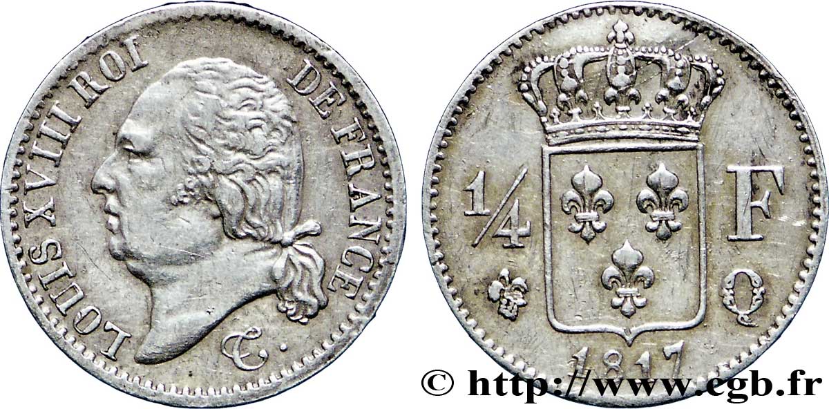 1/4 franc Louis XVIII 1817 Perpignan F.163/9 TTB45 