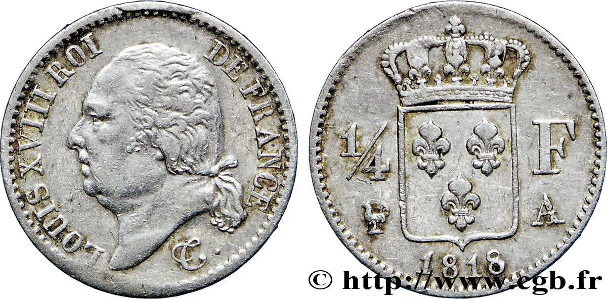 1/4 franc Louis XVIII 1818 Paris F.163/12 XF45 