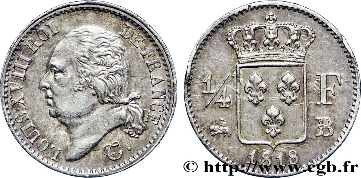 1/4 franc Louis XVIII 1818 Rouen F.163/13 TTB48 
