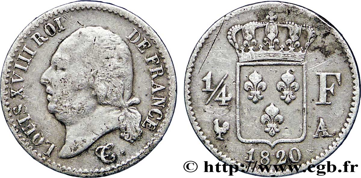 1/4 franc Louis XVIII  1820 Paris F.163/18 TB25 