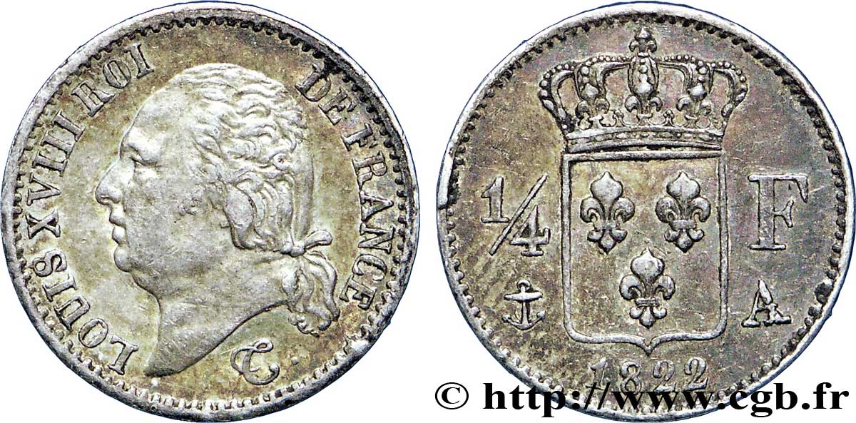 1/4 franc Louis XVIII 1822 Paris F.163/21 TTB45 
