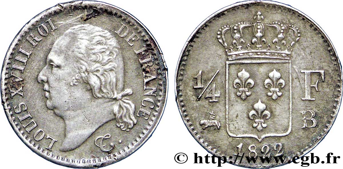 1/4 franc Louis XVIII 1822 Rouen F.163/22 MBC52 