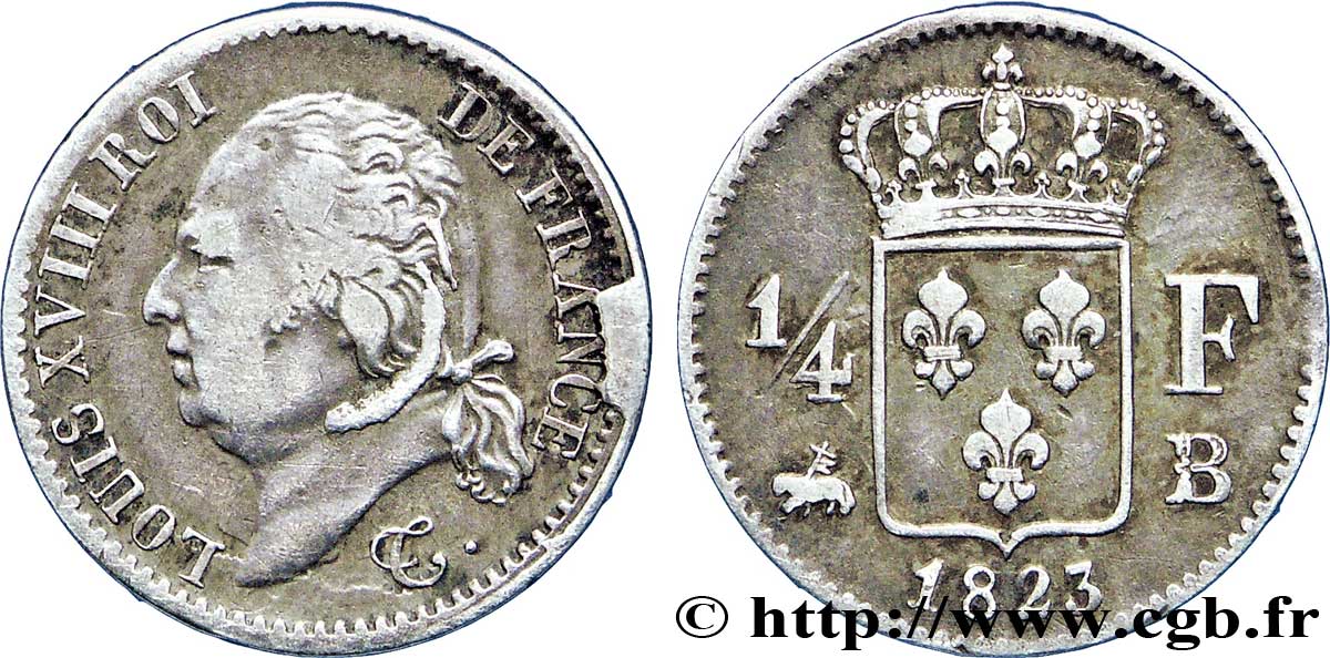 1/4 franc Louis XVIII  1823 Rouen F.163/25 BC28 