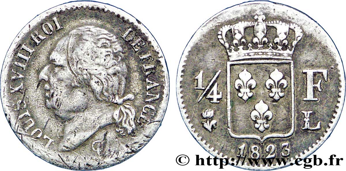1/4 franc Louis XVIII 1823 Bayonne F.163/27 TB38 