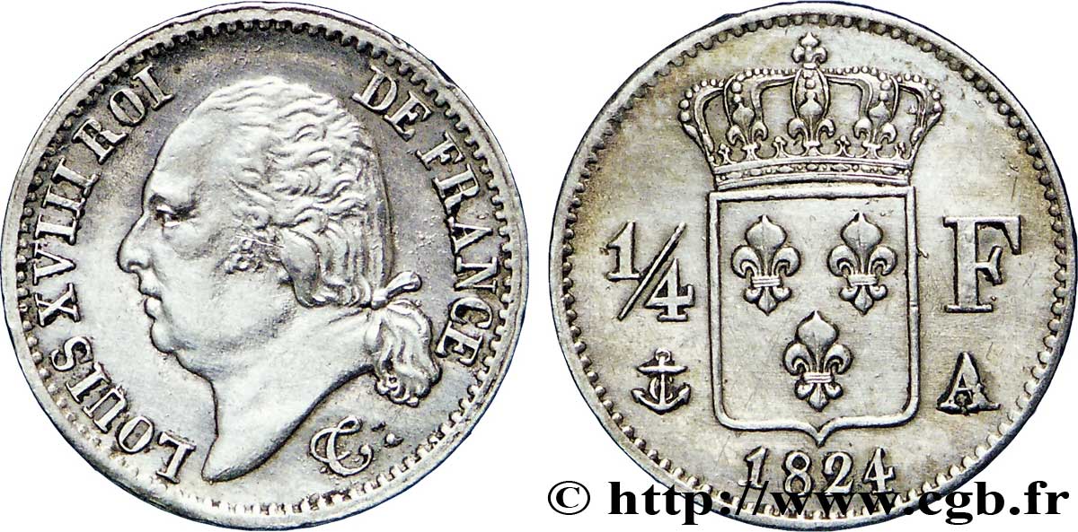 1/4 franc Louis XVIII  1824 Paris F.163/31 MS60 