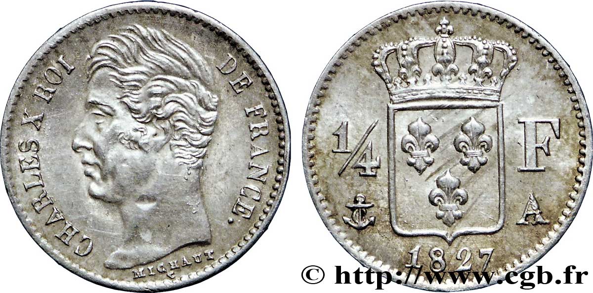 1/4 franc Charles X 1827 Paris F.164/10 VZ62 