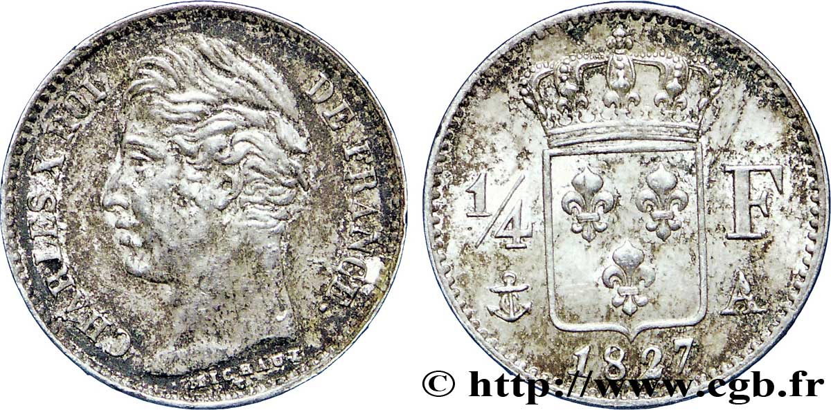 1/4 franc Charles X 1827 Paris F.164/10 AU56 