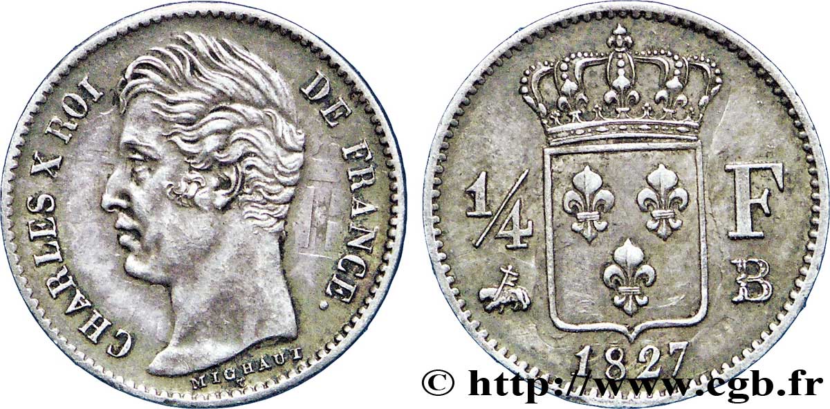 1/4 franc Charles X 1827 Rouen F.164/11 SPL60 