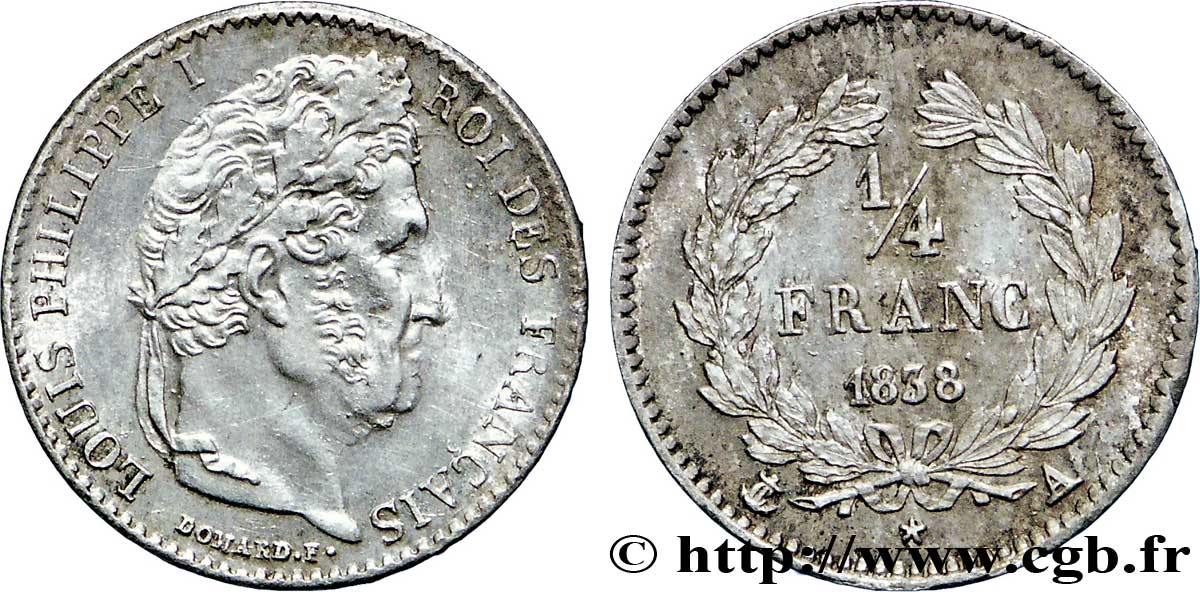 1/4 franc Louis-Philippe 1838 Paris F.166/69 SUP60 
