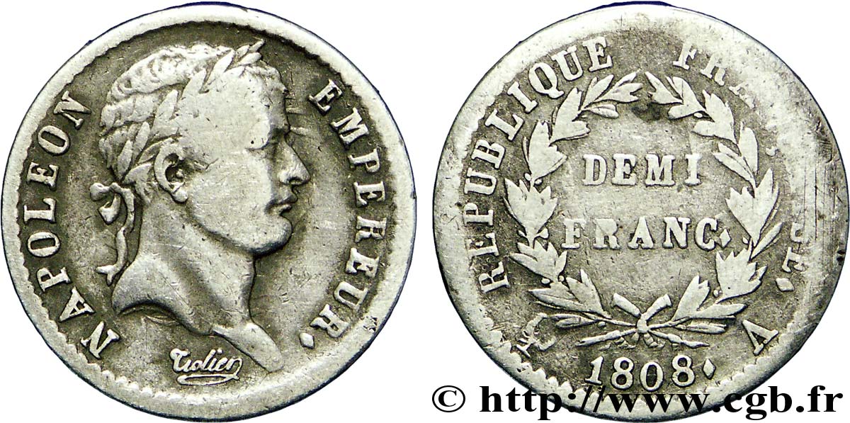 Demi-franc Napoléon Ier tête laurée, République française 1808 Paris F./ TB23 