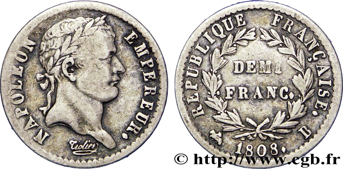 Demi-franc Napoléon Ier tête laurée, République française, buste fin 1808 Rouen F.177/3 SS42 