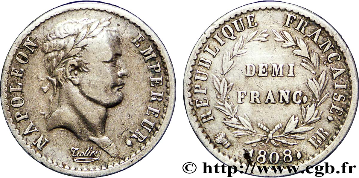 Demi-franc Napoléon Ier tête laurée, République française 1808 Strasbourg F.177/4 TTB42 