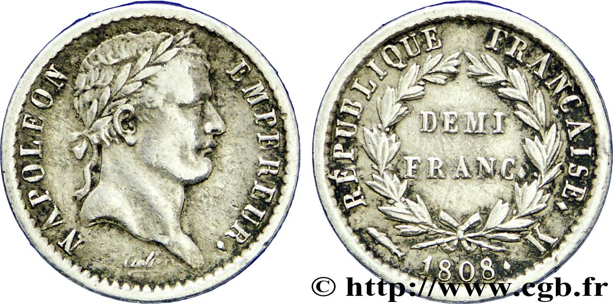 Demi-franc Napoléon Ier tête laurée, République française, buste fin 1808 Bordeaux F.177/9 TTB45 