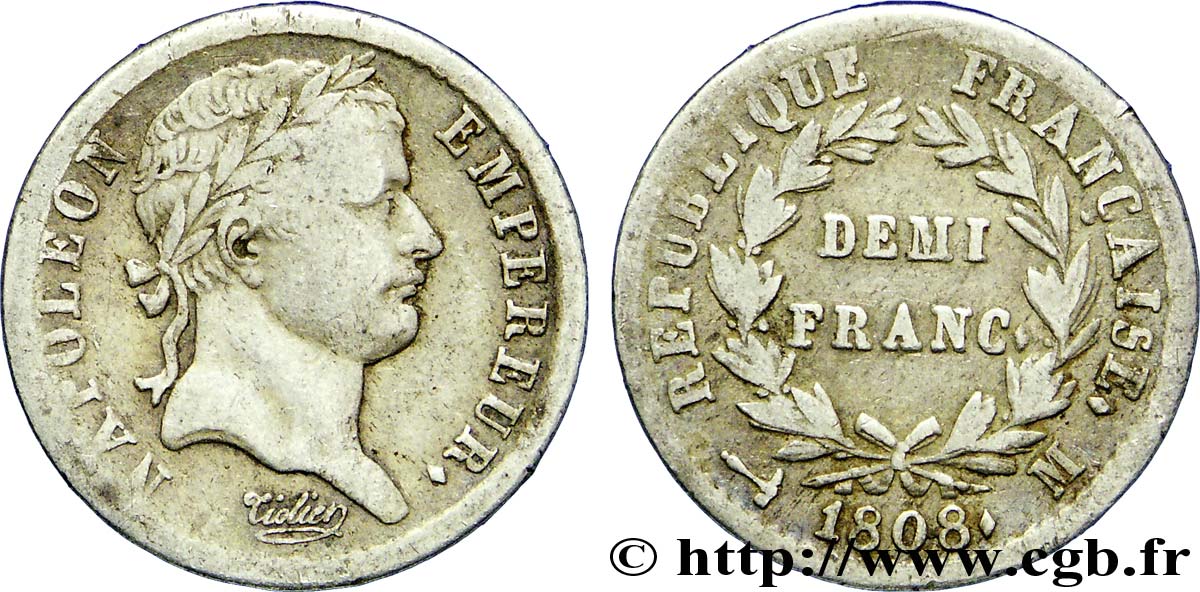 Demi-franc Napoléon Ier tête laurée, République française 1808 Toulouse F.177/11 TB30 
