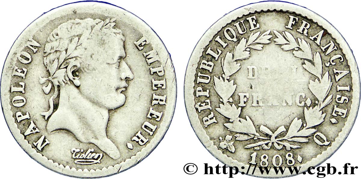 Demi-franc Napoléon Ier tête laurée, République française, buste fin 1808 Perpignan F.177/13 B13 