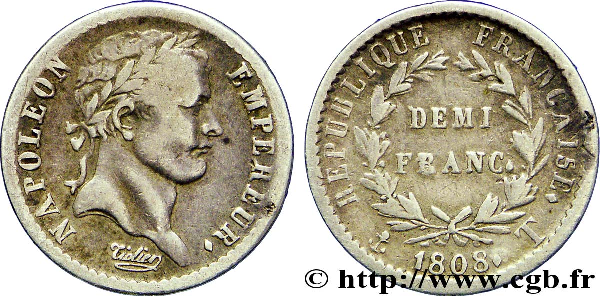 Demi-franc Napoléon Ier tête laurée, République française, buste fin 1808 Nantes F.177/14 BC30 