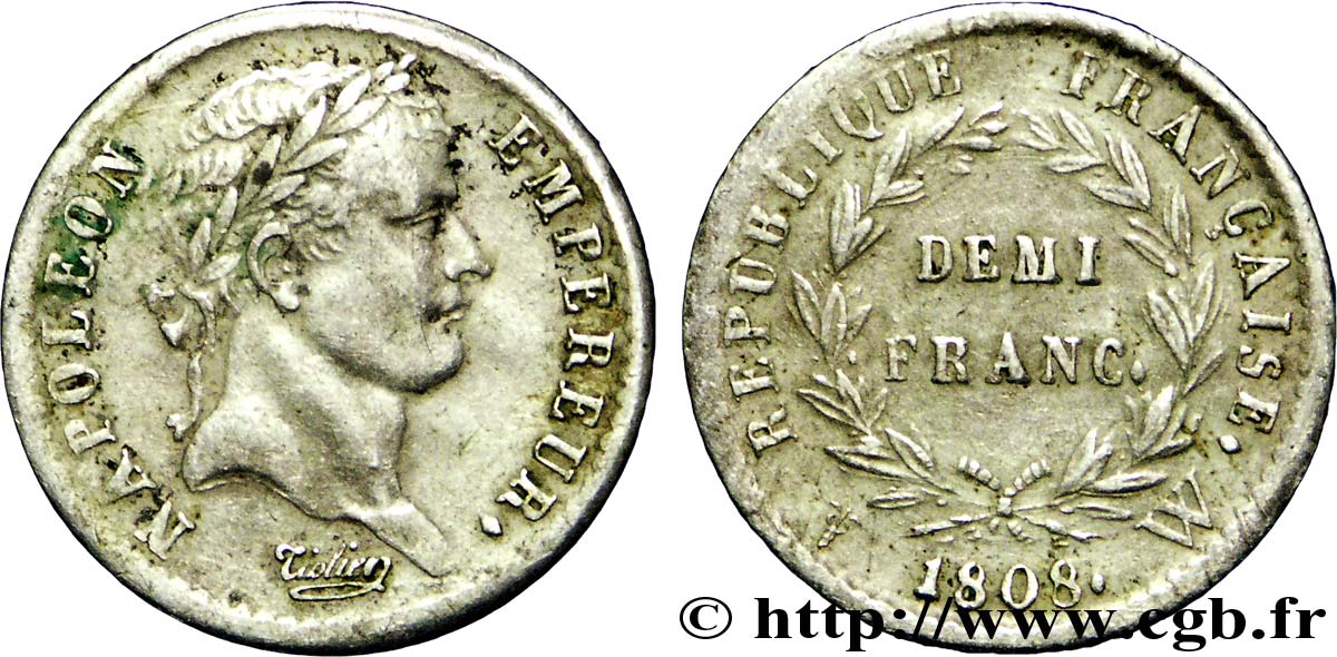 Demi-franc Napoléon Ier tête laurée, République française, buste fin 1808 Lille F.177/16 TTB45 