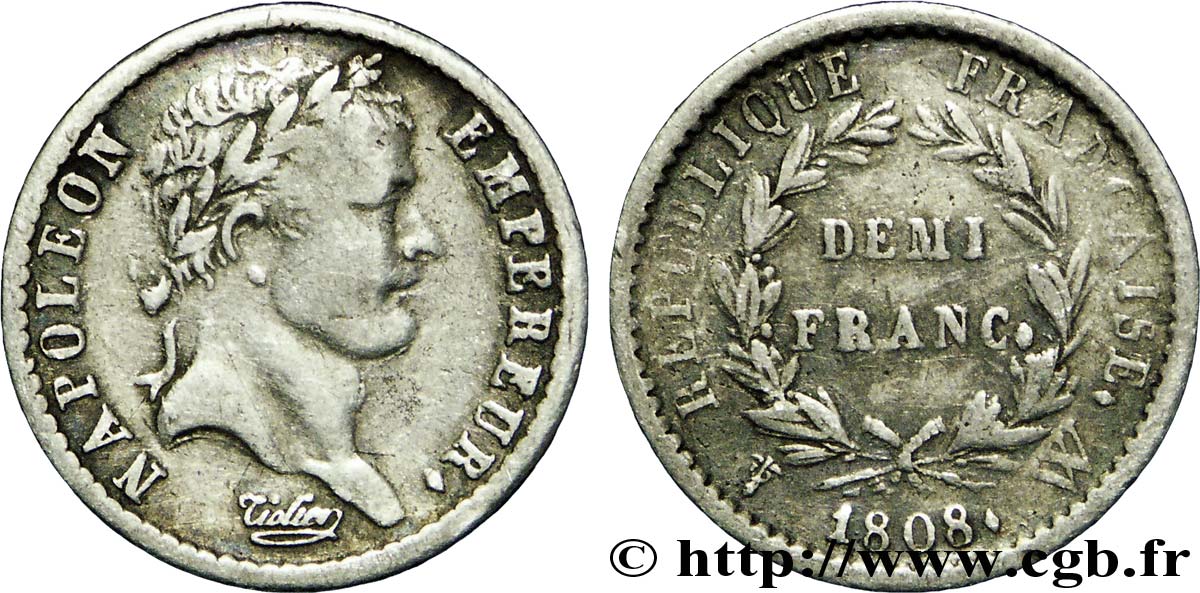 Demi-franc Napoléon Ier tête laurée, République française, buste fin 1808 Lille F.177/16 TB35 