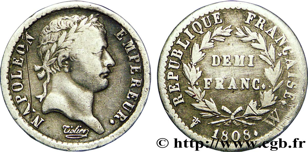 Demi-franc Napoléon Ier tête laurée, République française, buste fin 1808 Lille F.177/16 TB28 