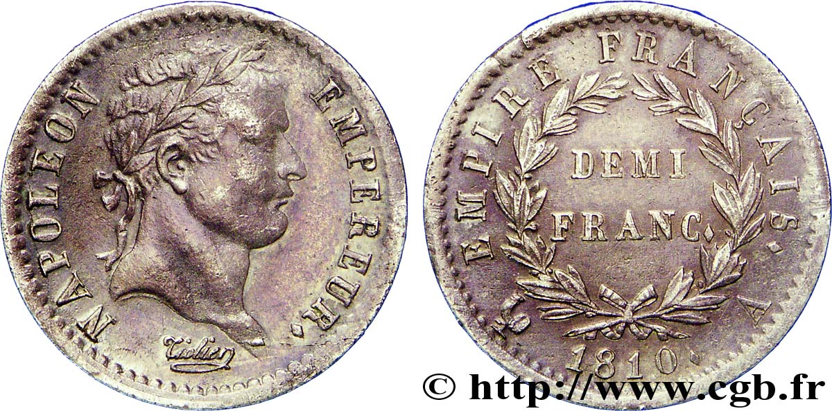 Demi-franc Napoléon Ier tête laurée, Empire français 1810 Paris F.178/10 TTB48 