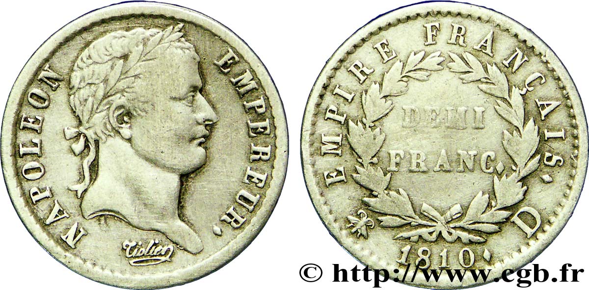 Demi-franc Napoléon Ier tête laurée, Empire français 1810 Lyon F.178/13 VF35 