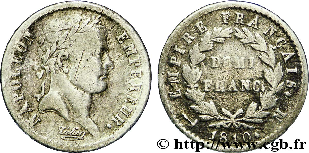 Demi-franc Napoléon Ier tête laurée, Empire français 1810 Toulouse F.178/18 BC30 