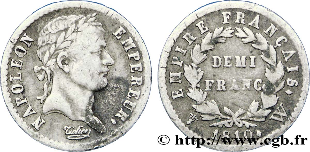 Demi-franc Napoléon Ier tête laurée, Empire français 1810 Lille F.178/20 BC35 