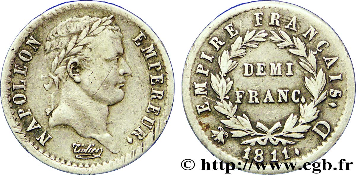 Demi-franc Napoléon Ier tête laurée, Empire français 1811 Lyon F.178/24 BB40 