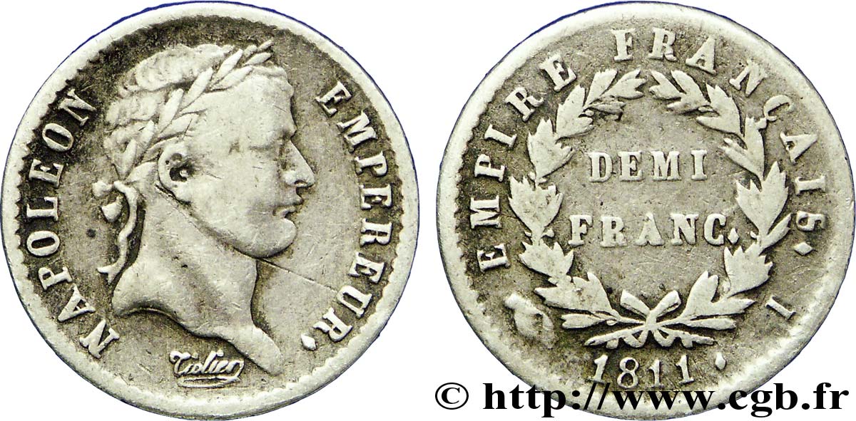 Demi-franc Napoléon Ier tête laurée, Empire français 1811 Limoges F.178/26 TB30 