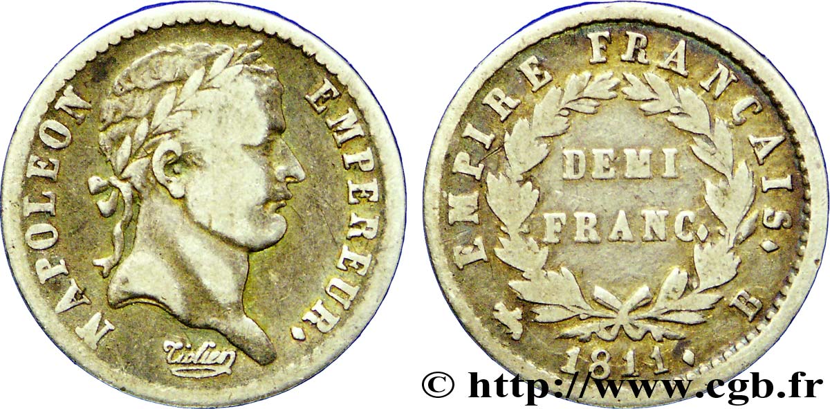 Demi-franc Napoléon Ier tête laurée, Empire français 1811 Rouen F.178/22 BC28 
