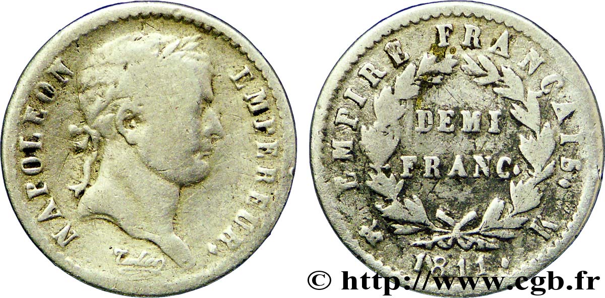 Demi-franc Napoléon Ier tête laurée, Empire français 1811 Bordeaux F.178/27 RC12 