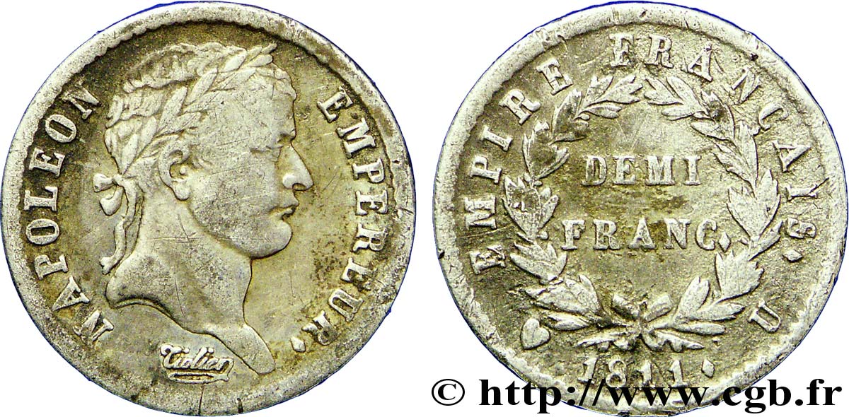 Demi-franc Napoléon Ier tête laurée, Empire français 1811 Turin F.178/33 TB30 