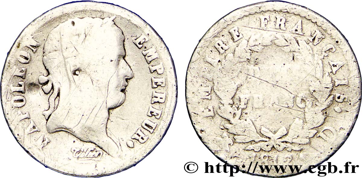 Demi-franc Napoléon Ier tête laurée, Empire français 1812 Lyon F.178/37 VG8 