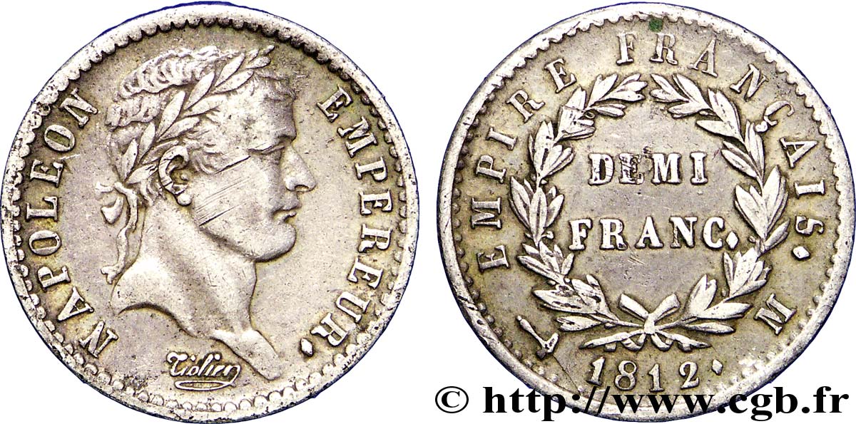 Demi-franc Napoléon Ier tête laurée, Empire français 1812 Toulouse F.178/42 XF40 