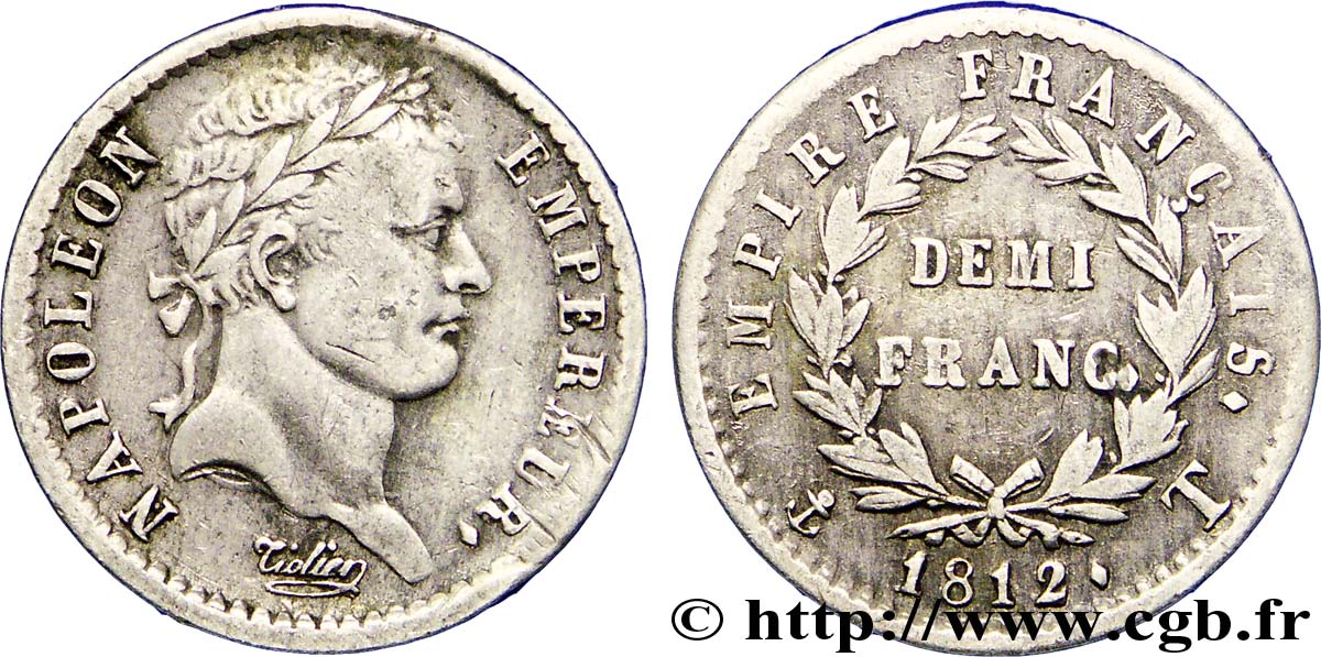 Demi-franc Napoléon Ier tête laurée, Empire français 1812 Nantes F.178/45 VF35 
