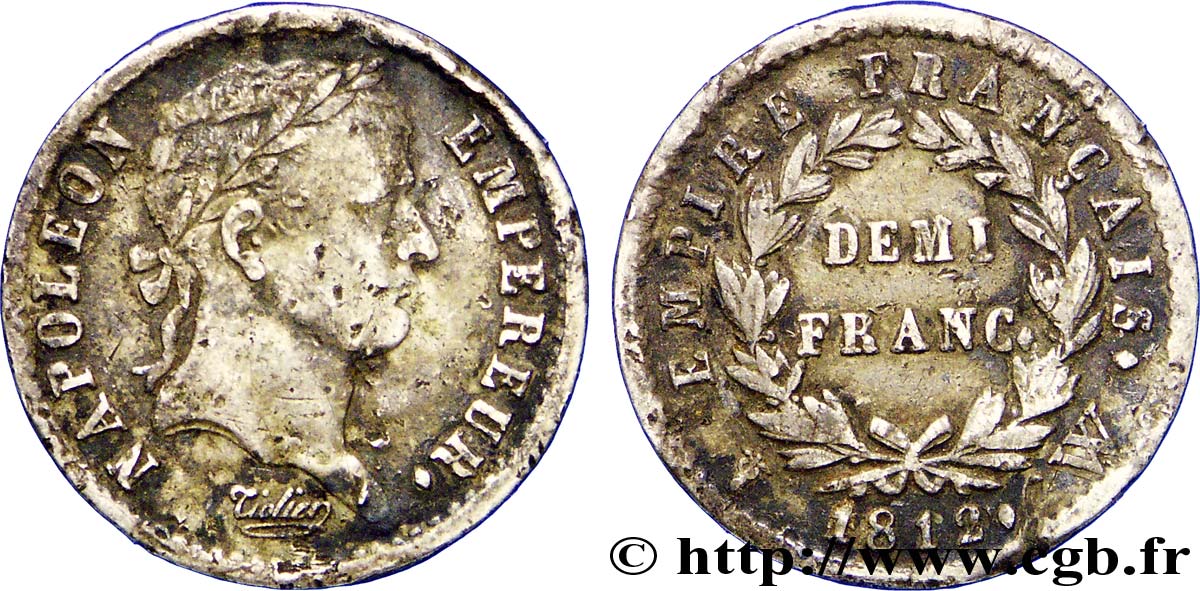 Demi-franc Napoléon Ier tête laurée, Empire français 1812 Lille F.178/48 TB20 