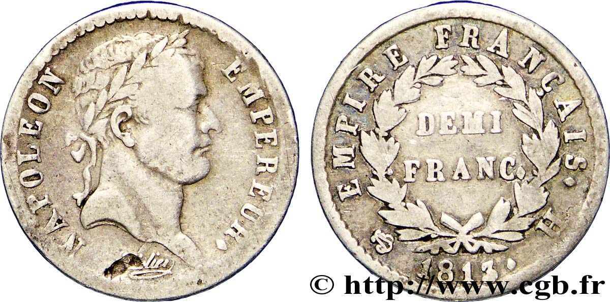 Demi-franc Napoléon Ier tête laurée, Empire français 1813 La Rochelle F.178/53 S30 