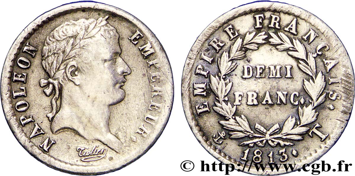 Demi-franc Napoléon Ier tête laurée, Empire français 1813 Nantes F.178/60 TTB40 