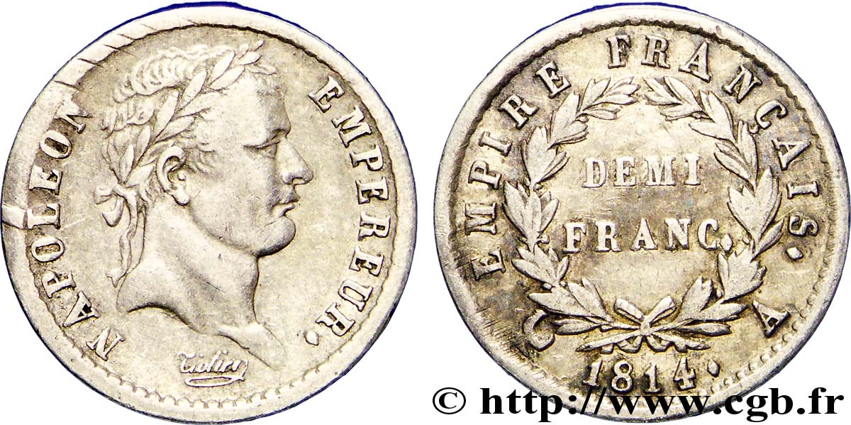 Demi-franc Napoléon Ier tête laurée, Empire français 1814 Paris F.178/63 S35 